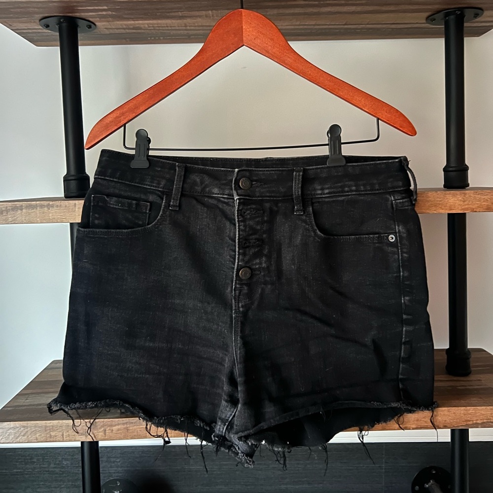 High Rise Distressed Black Denim Shorts
